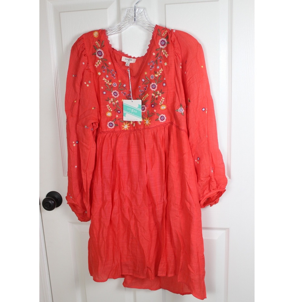 Umgee USA Embroidered Peasant Tunic Dress Coral Red Long Sleeve Women's Size S